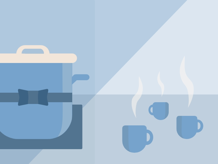 An illustration of two steaming mugs next to a stockpot decorated with a festive ribbon.