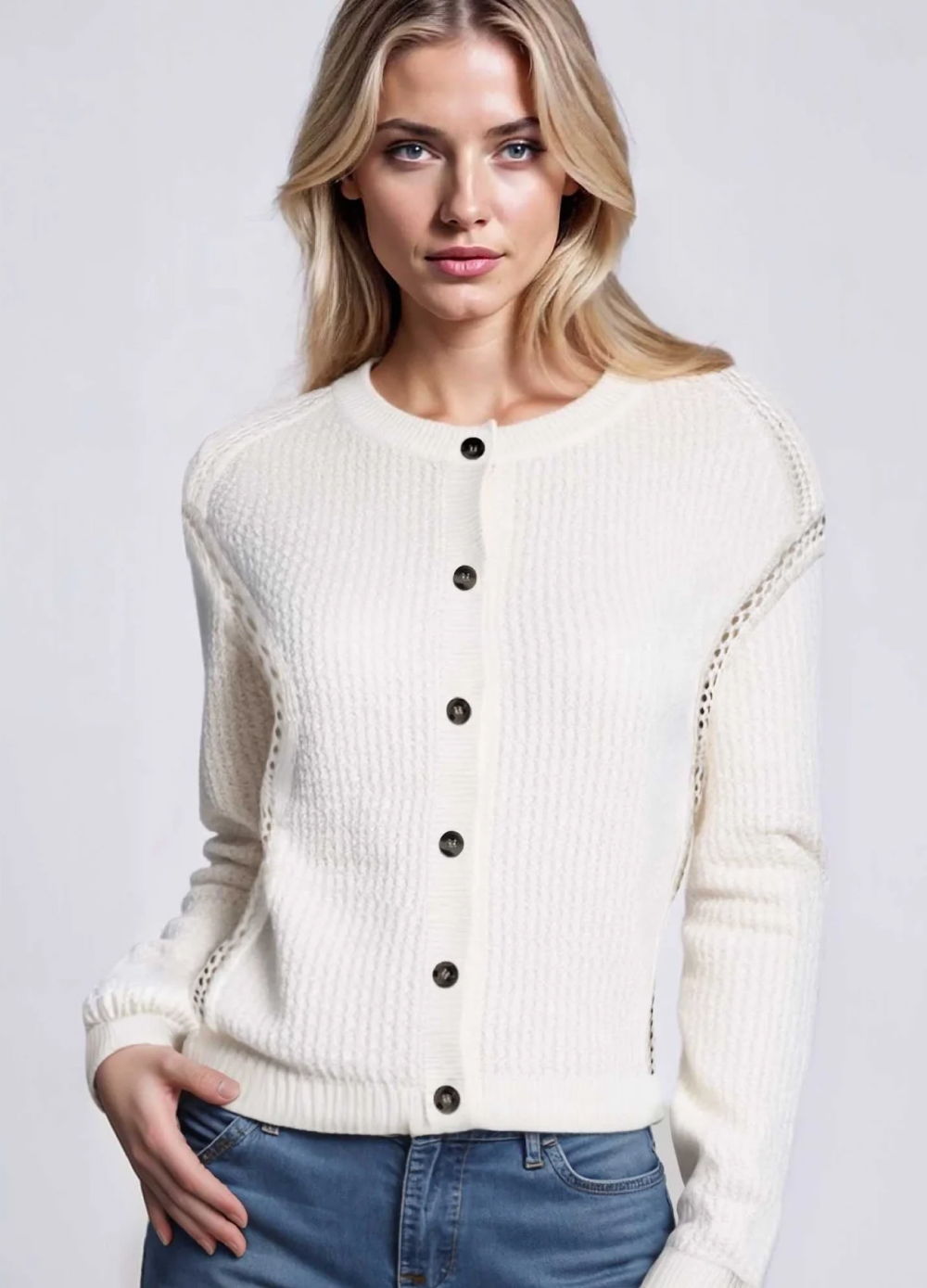 Woman wearing a cream cardigan with buttons, smiling at the camera.