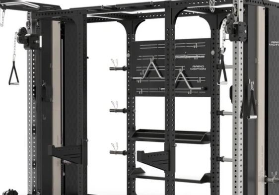 A multi-functional gym equipment with various attachment points and adjustable components.