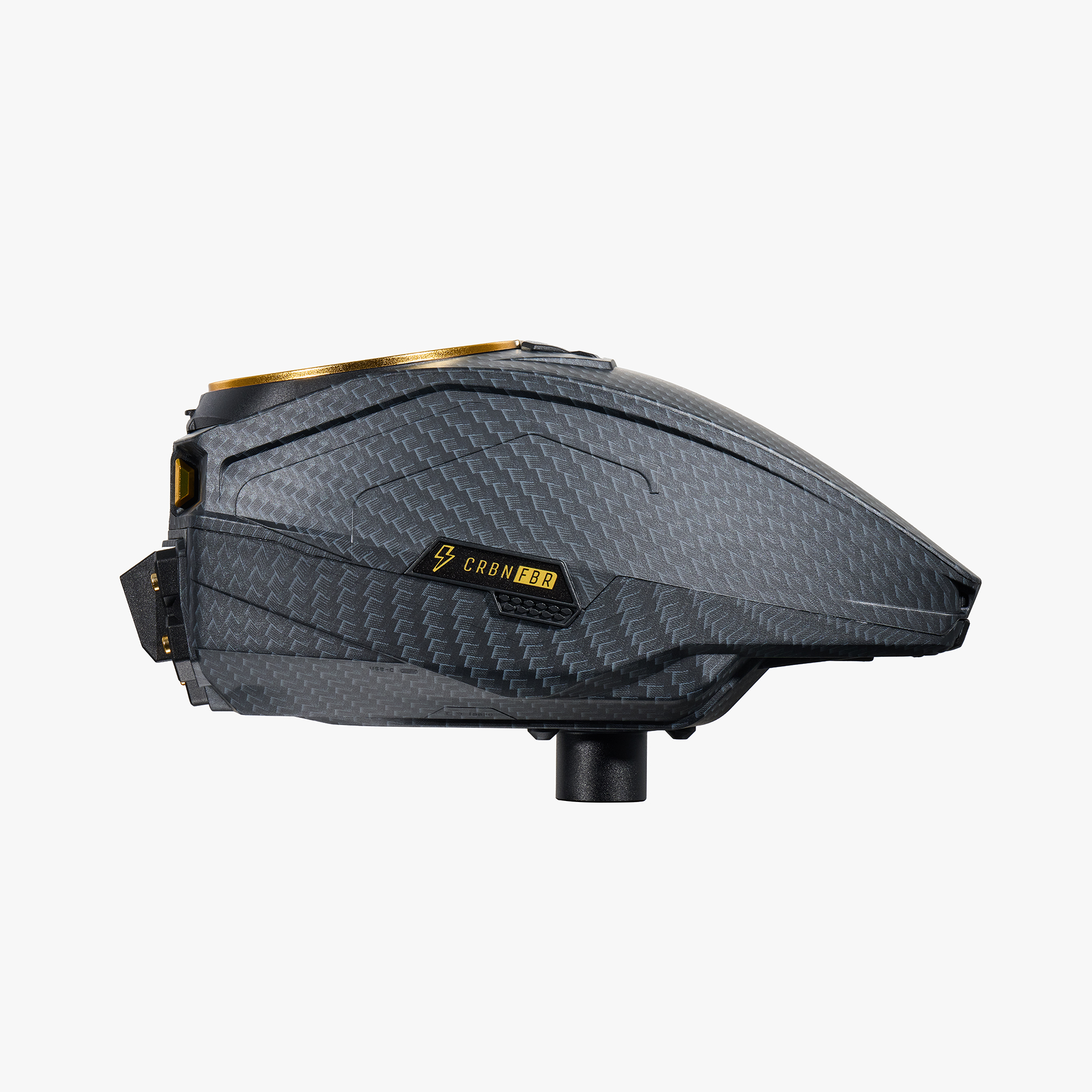 A sleek, modern paintball loader with a carbon fiber texture and gold accents.