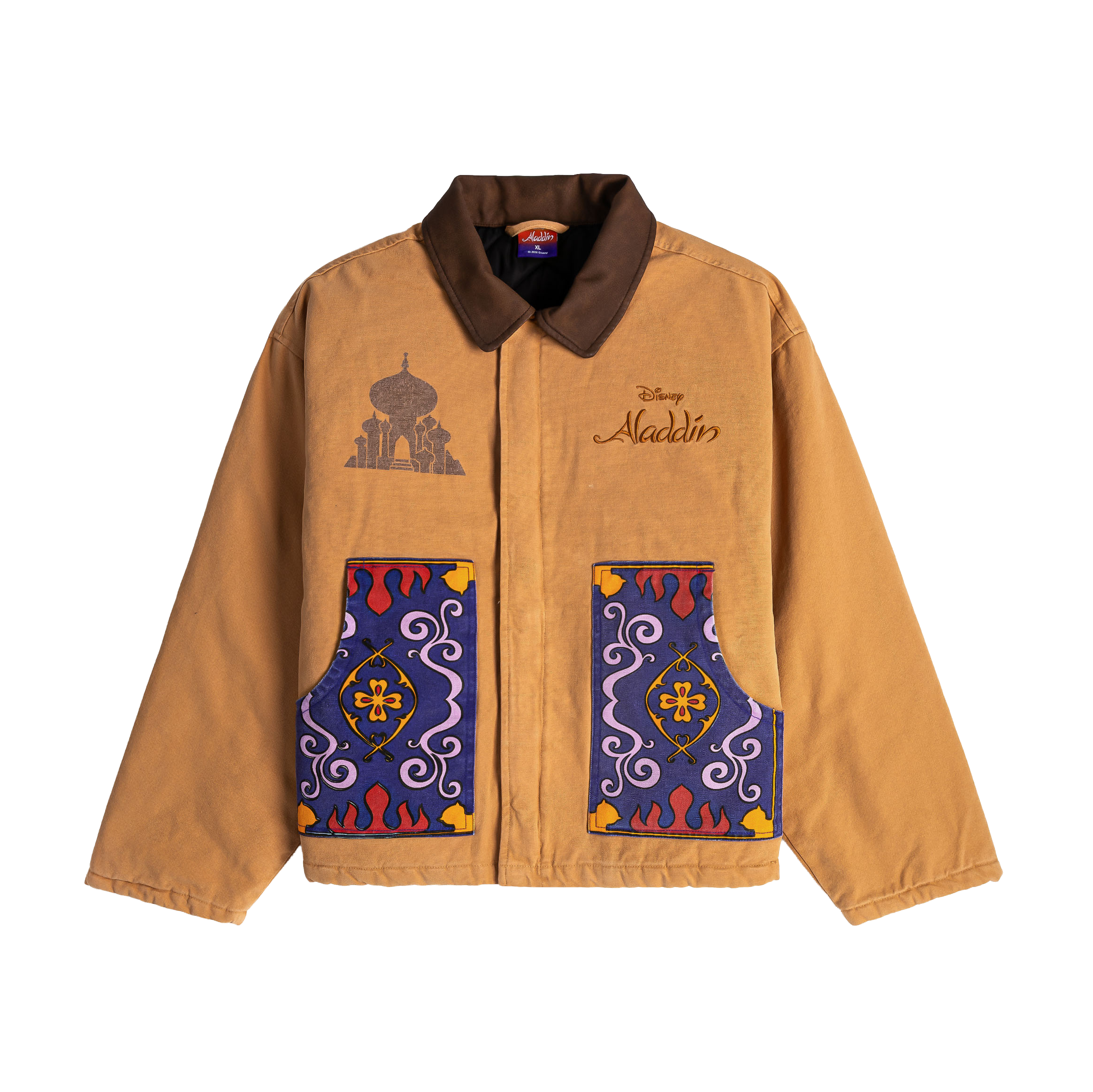 Brown jacket with colorful pockets, featuring an Aladdin theme design.