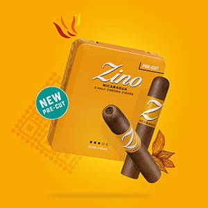 Two pre-cut Zino Nicaragua Half Corona floating crosswise before a yellow background and their closed yellow tin filled with five cigars.