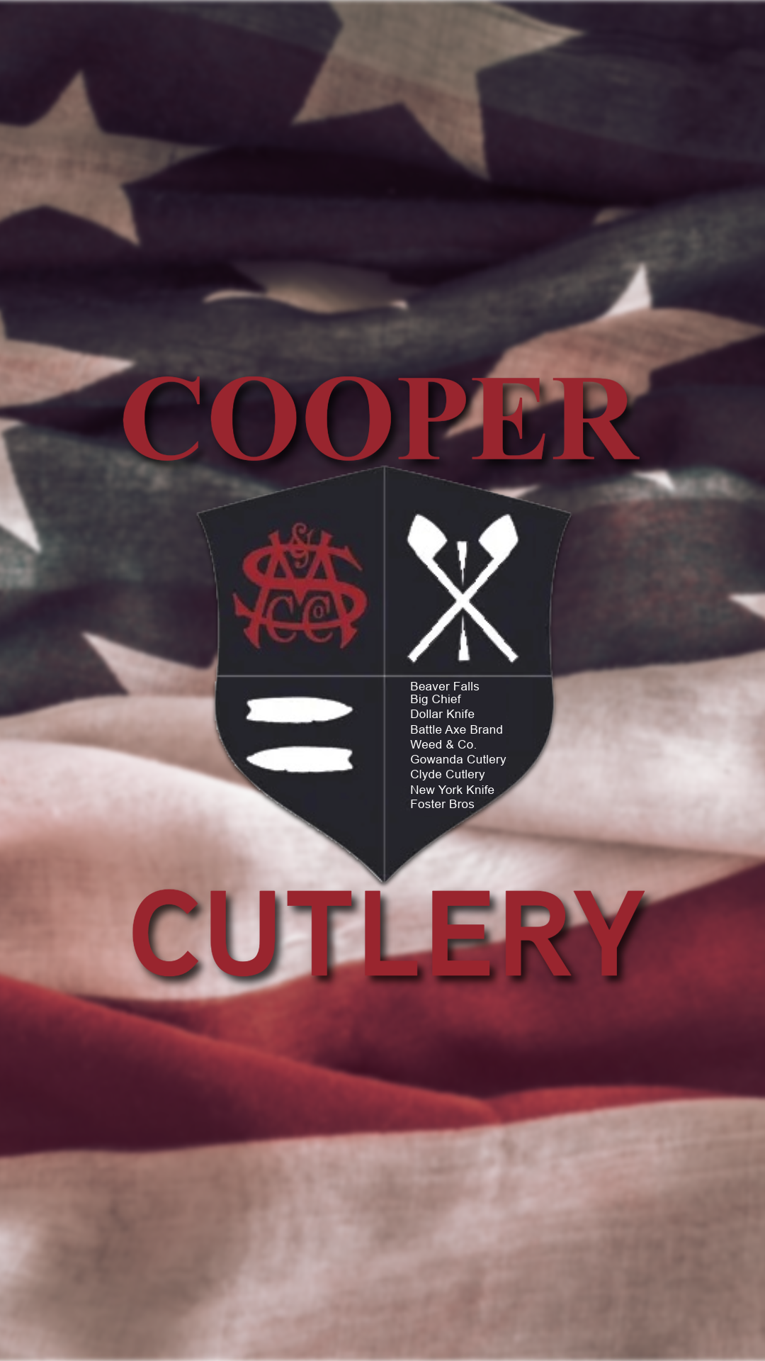 Logo of Cooper Cutlery on an American flag background.