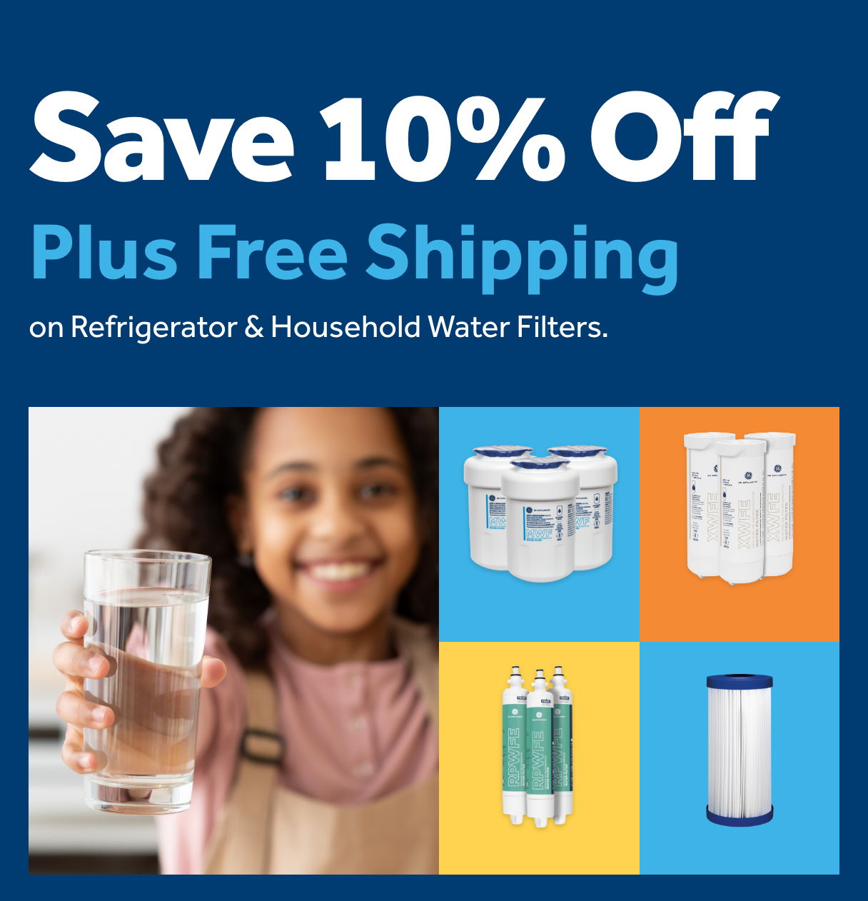 Girl holding a glass of water with promotional text for water filters.