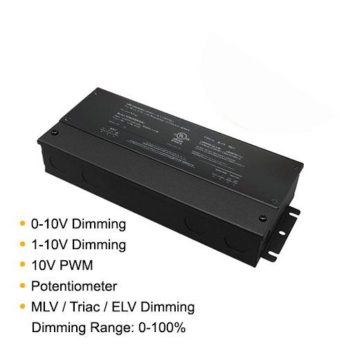 5-in-1 Dimmable LED Driver 200W 12V constant voltage power supply supporting 0-10V, 1-10V, 10V PWM, potentiometer, MLV, TRIAC, and ELV dimming with 0–100% brightness control