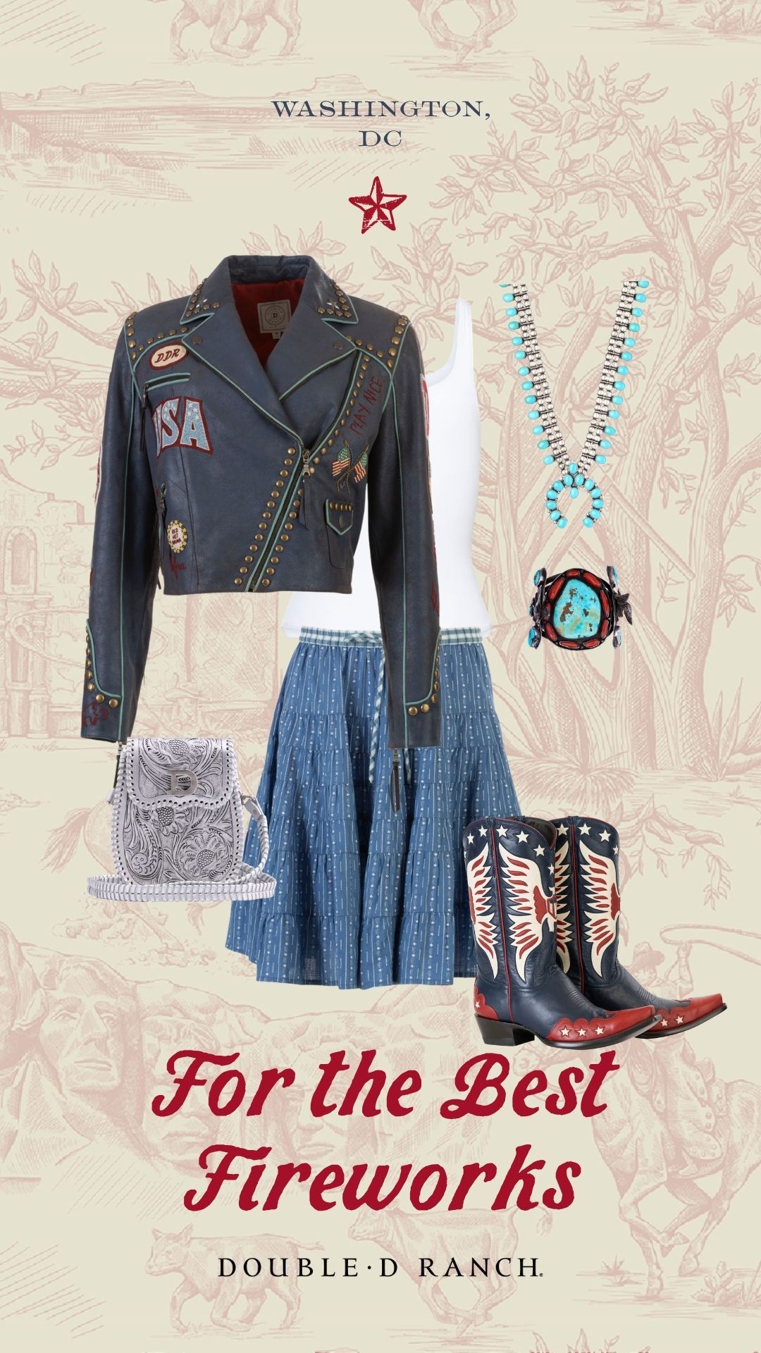 Lady Liberty Biker Jacket in Indigo, with the Bunting Blues Skirt and Highflier boots