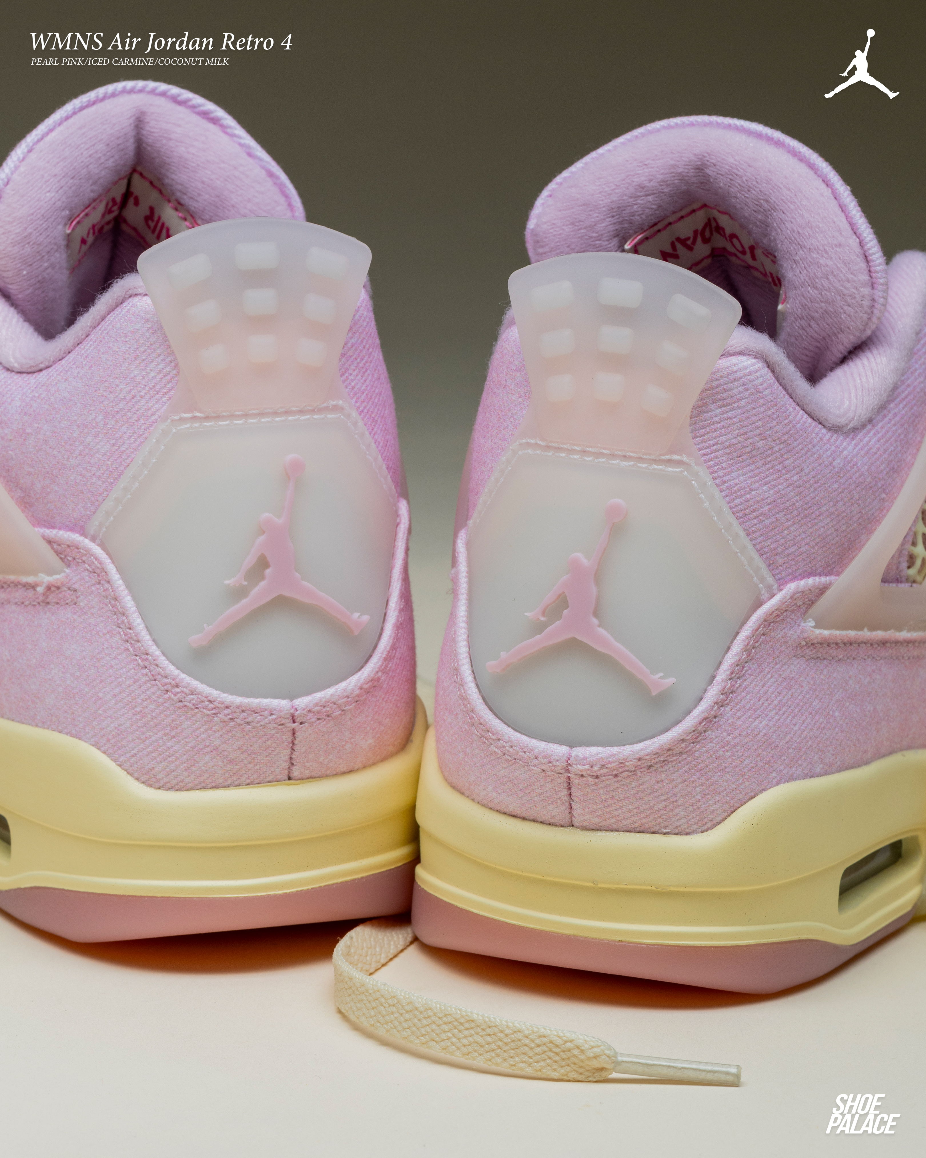 Pink and yellow Air Jordan Retro 4 sneakers from the back view.