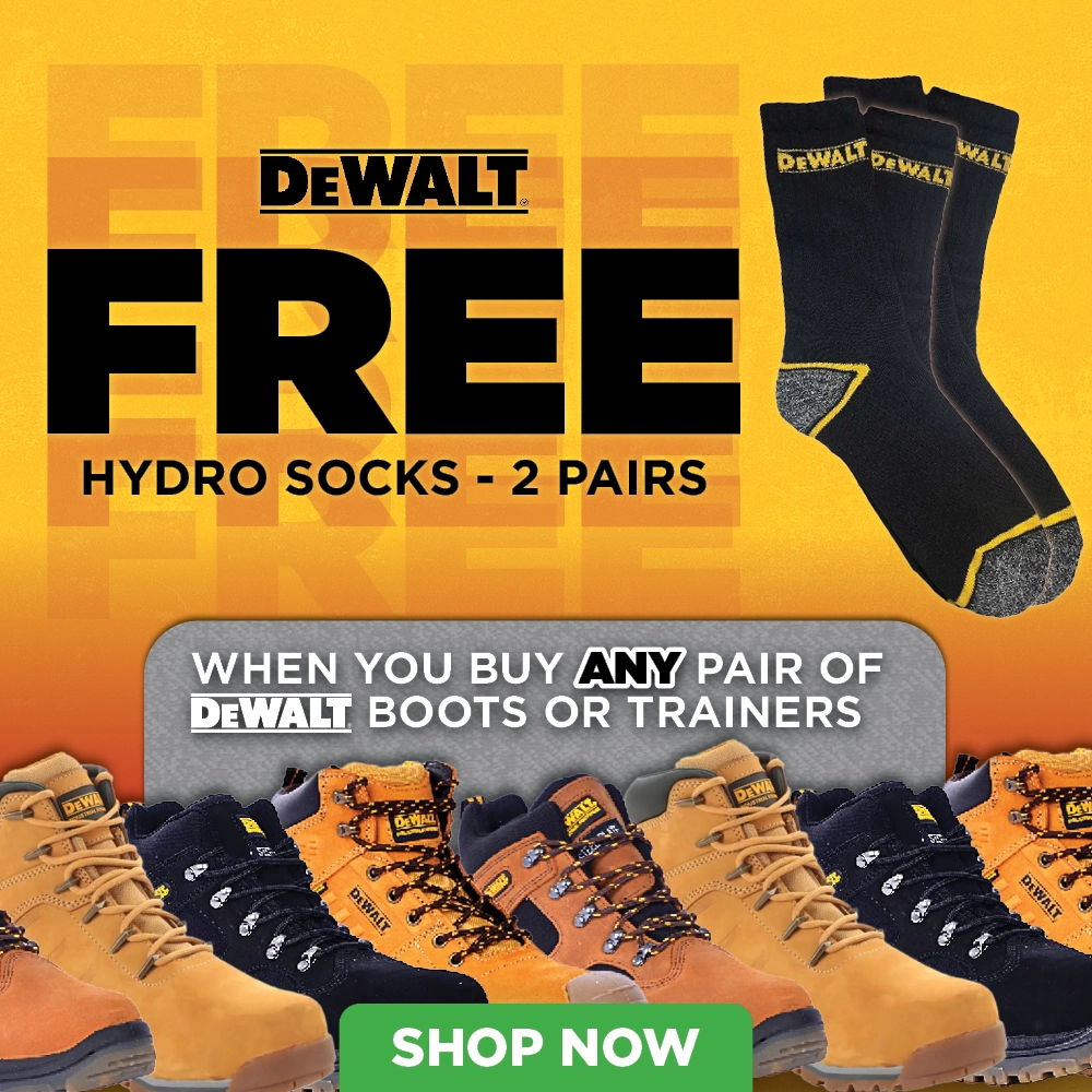 Promotional image for free hydro socks with Dewalt boot purchase.