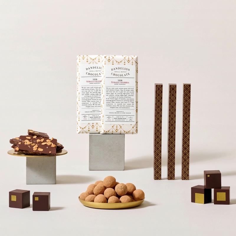 Assorted chocolates and snacks arranged on a light background.