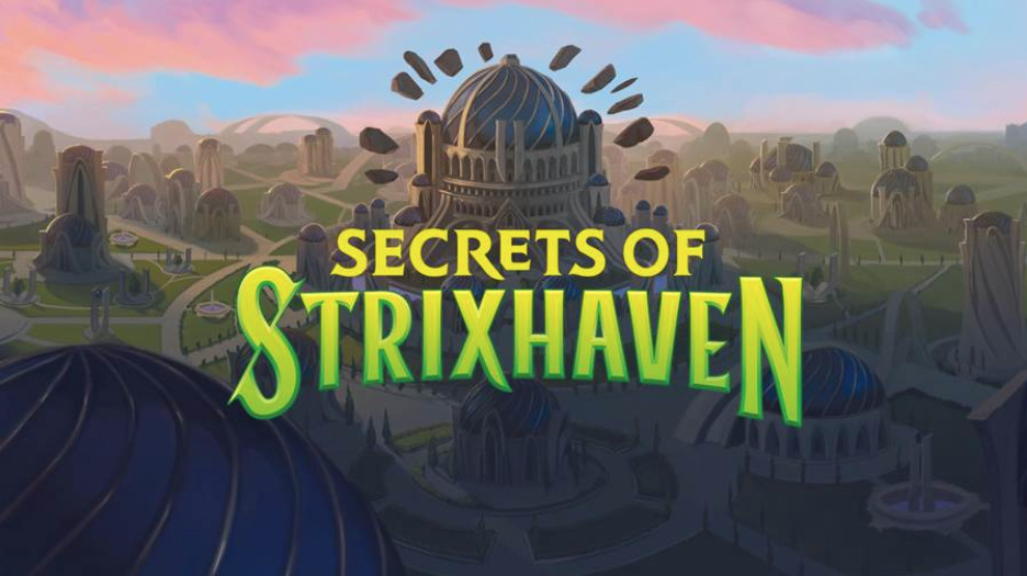 Logo for Secrets of Strixhaven mtg with a magical landscape background.