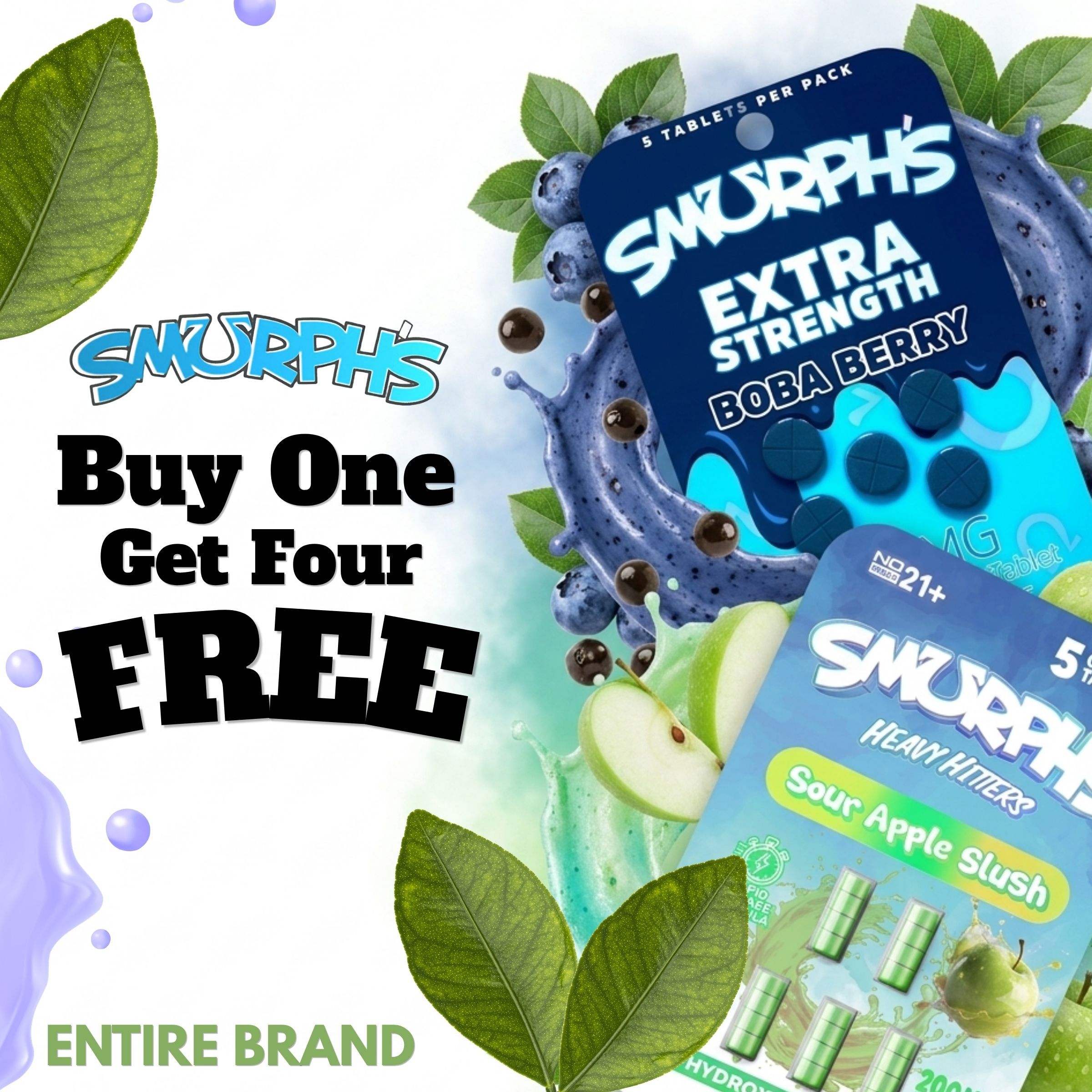 Promotional image for Smurph's products: Buy one, get four free offer.