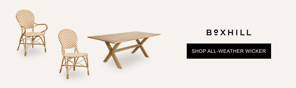 Boxhill Shop All-Weather Wicker banner featuring woven outdoor dining chairs and a teak patio dining table. 