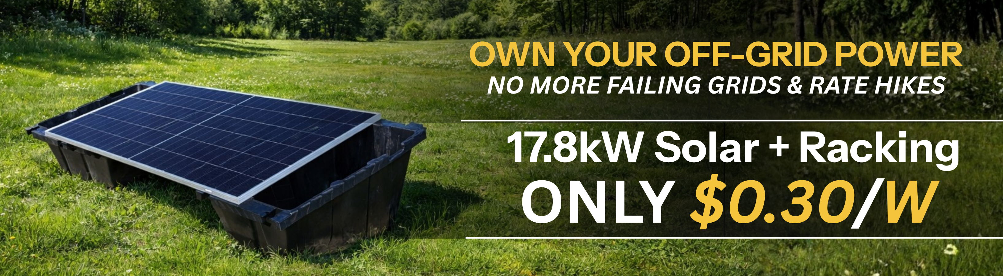 PowerField PowerRack Bundle advertisement with pricing for $0.30/W and off-grid power benefits.