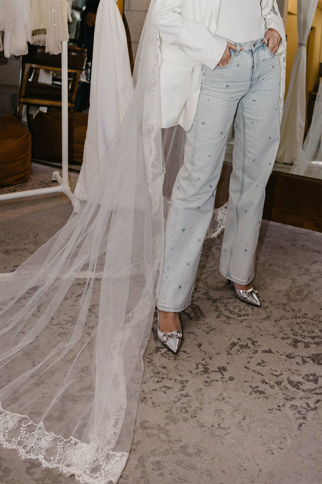 Grace Loves Lace veil paired with Mom jeans and silver pumps