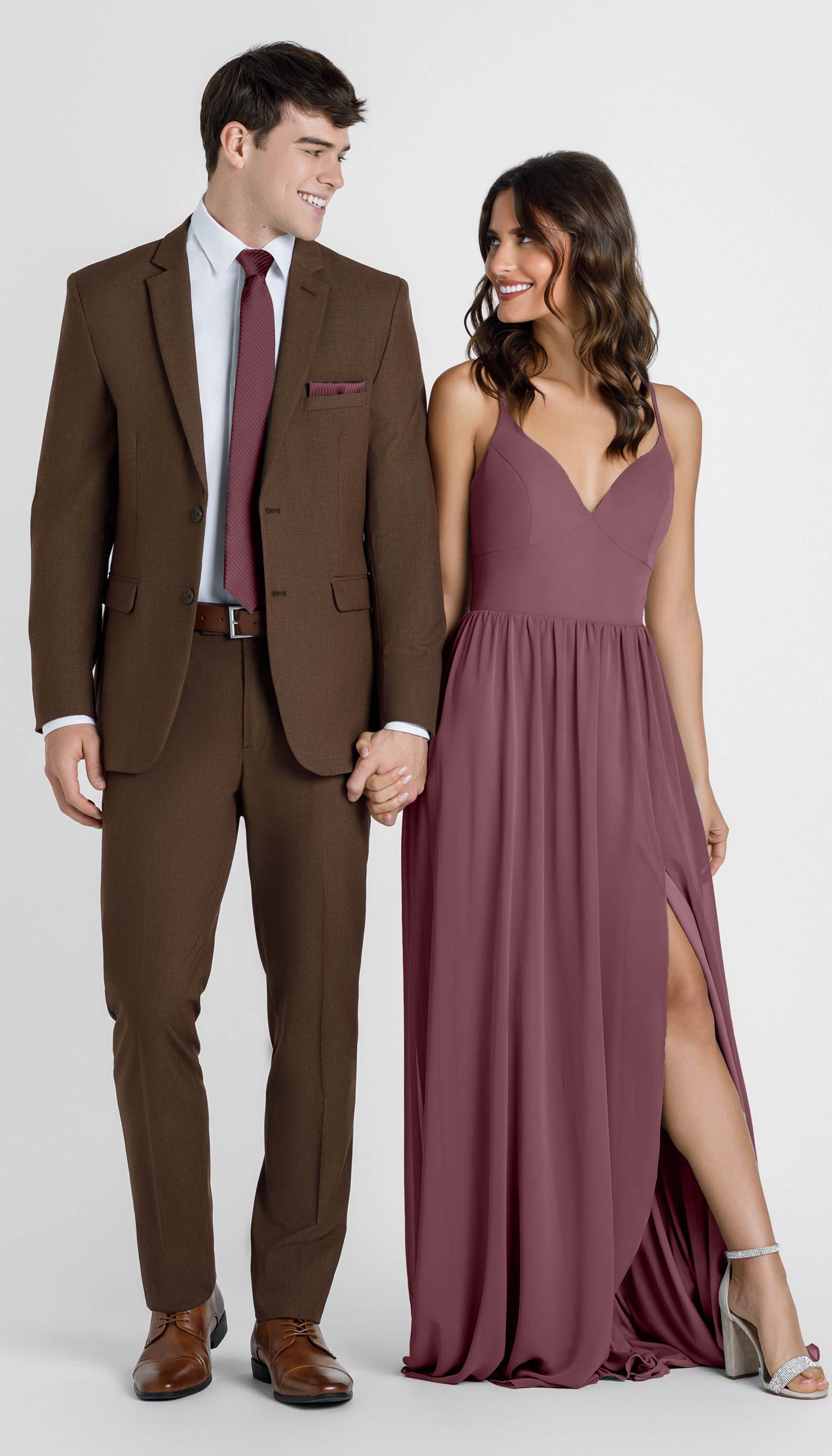 Cocoa suit with cinnamon rose bridesmaid dress