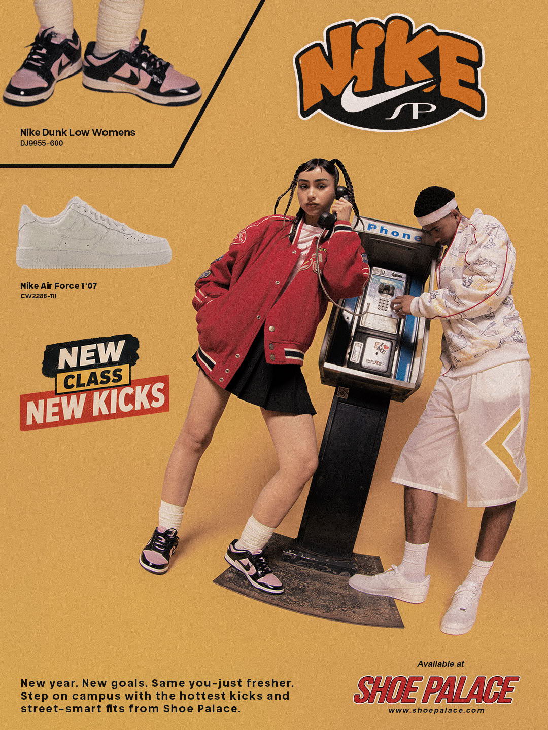 Nike advertisement featuring stylish sneakers and two models by a payphone.