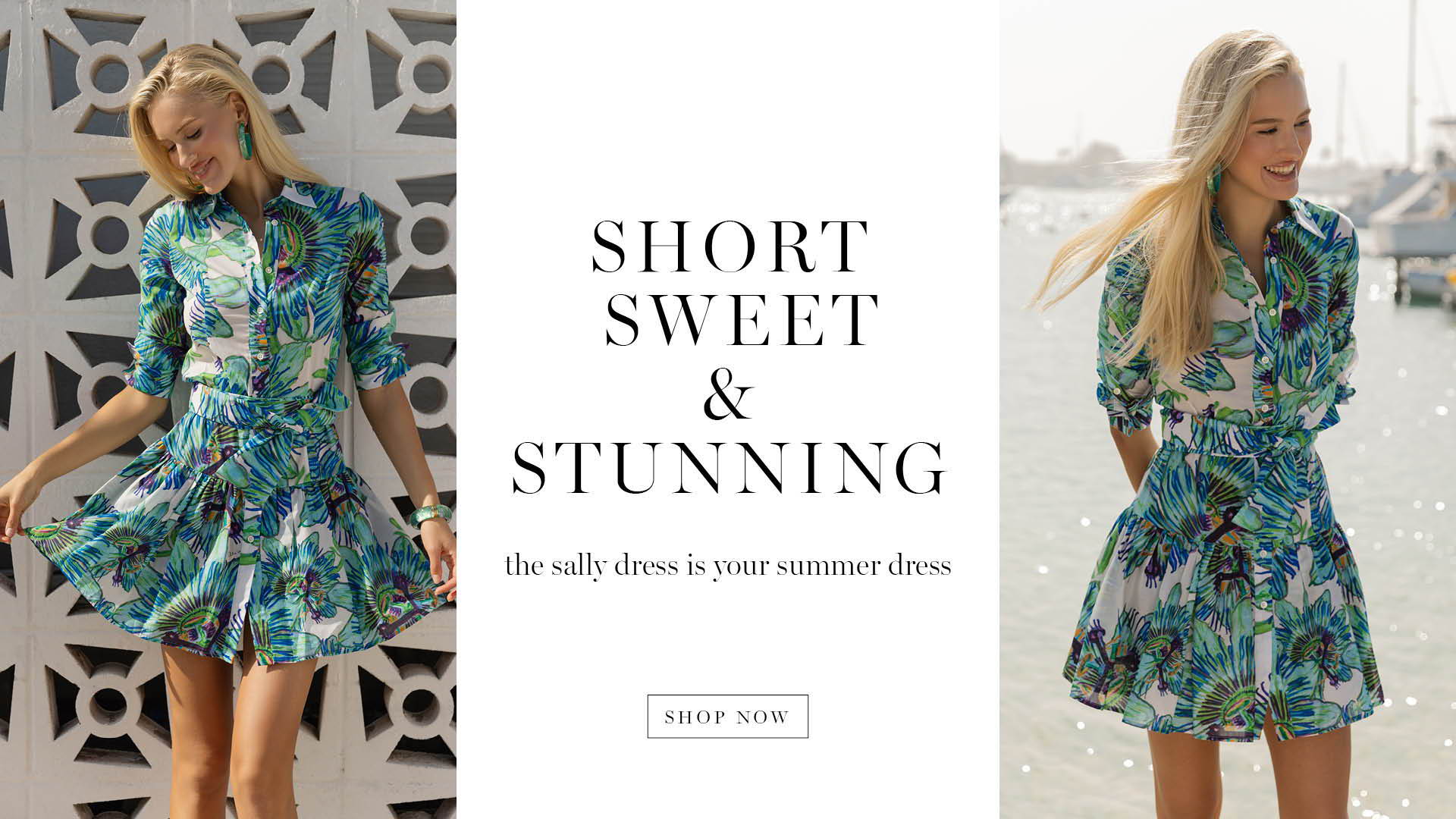 Model in a floral dress with text overlay about fashion.