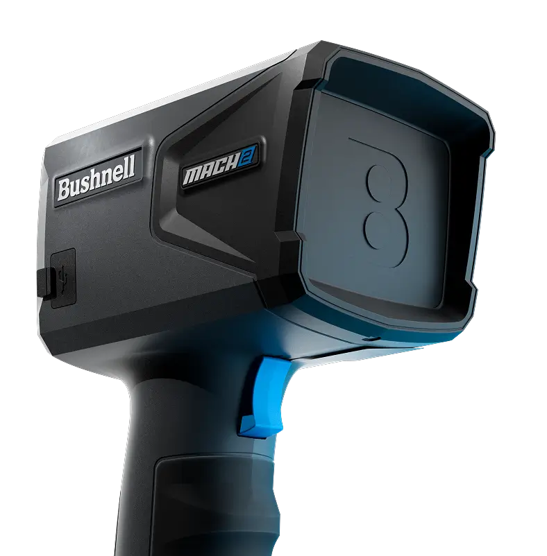 Black Bushnell radar device with a blue accent.