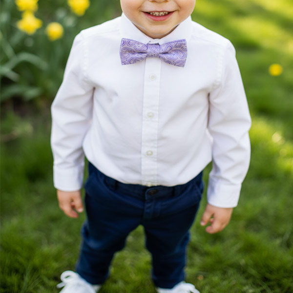 Young boy outside wearing a lavender paisley bow tie, dress shirt and navy pants for Easter attire