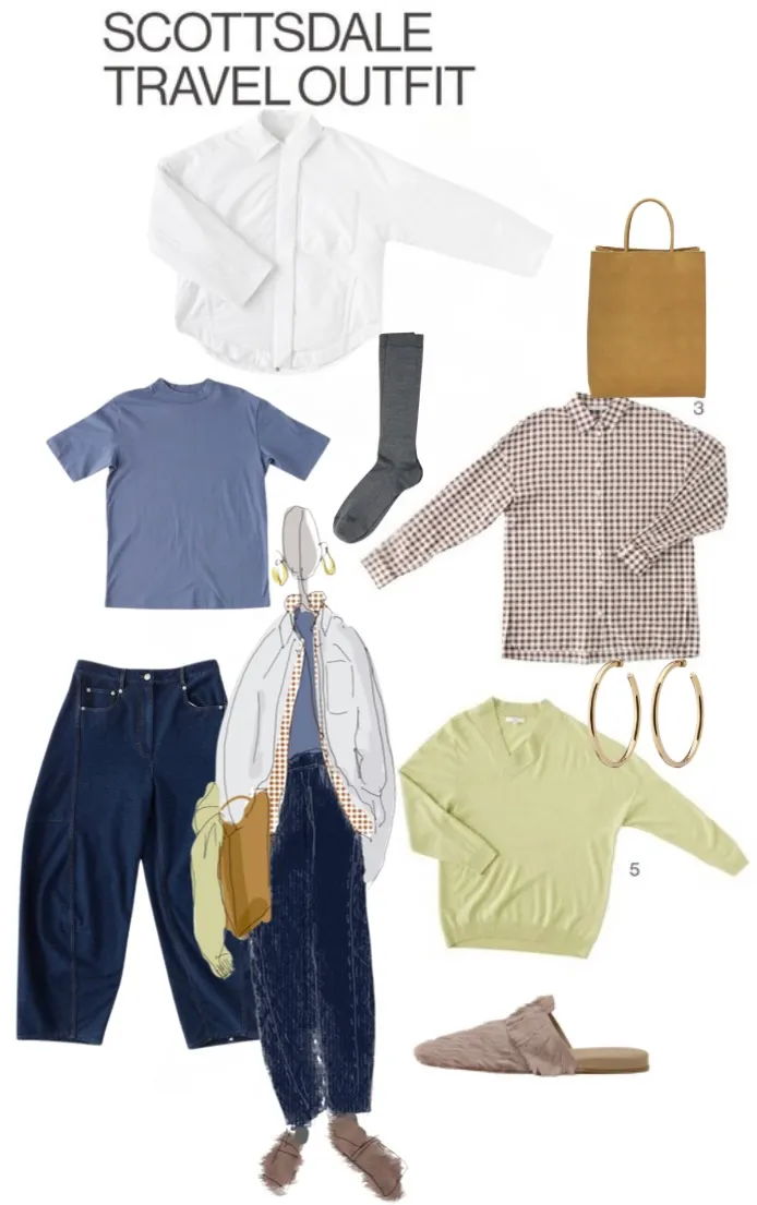 Collection of travel outfit items including tops, bottoms, accessories, and footwear.