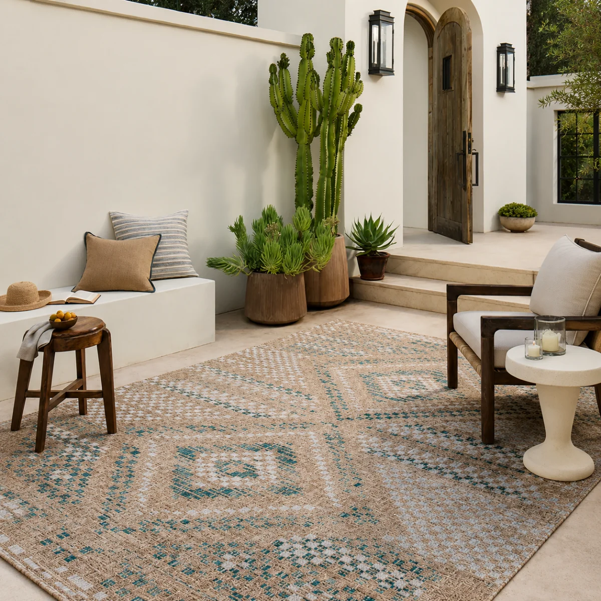 Southwestern courtyard styled with a patterned outdoor rug, desert plants, and modern seating, illustrating how outdoor rugs enhance Arizona patios. 