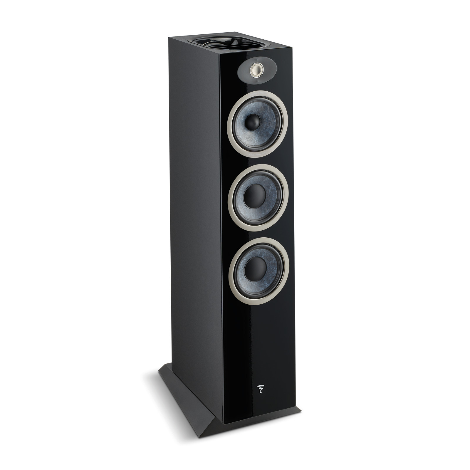 Black floor-standing speaker with three drivers and a sleek design.