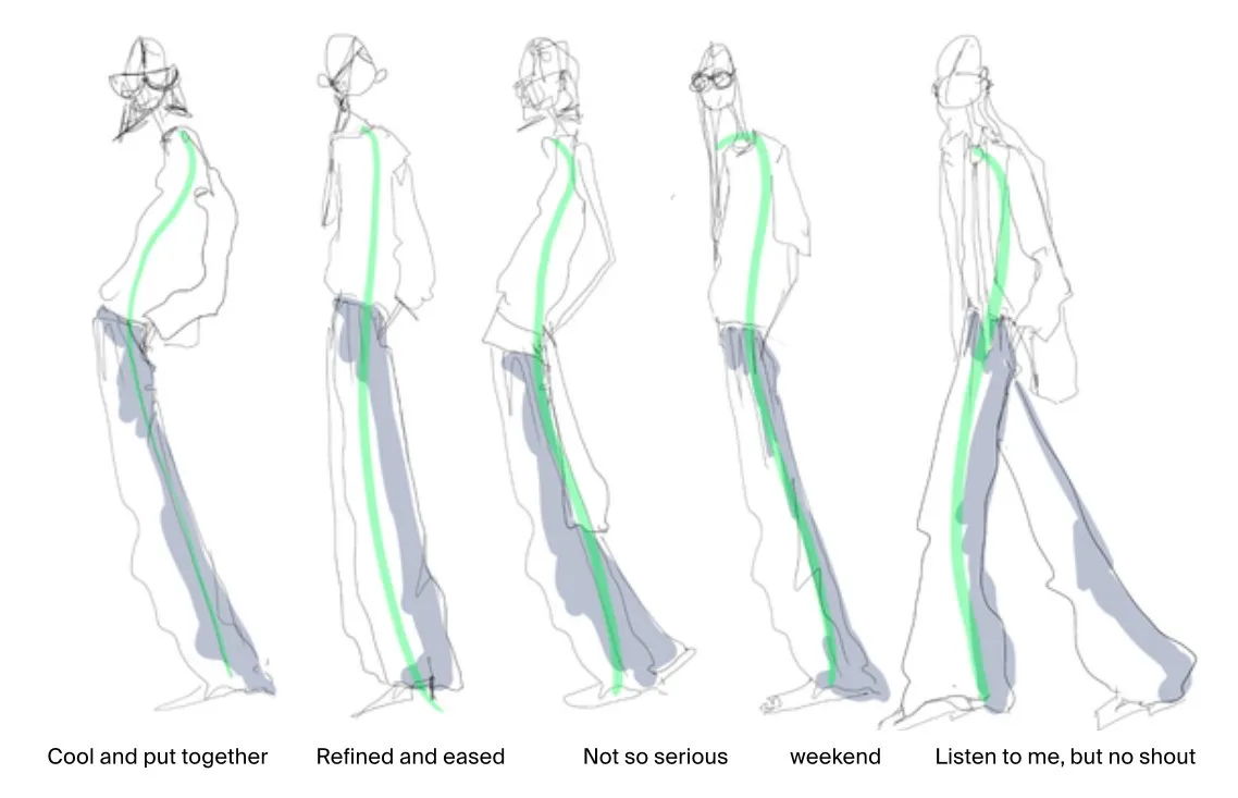 Fashion sketches showing different poses and styles of a female figure.