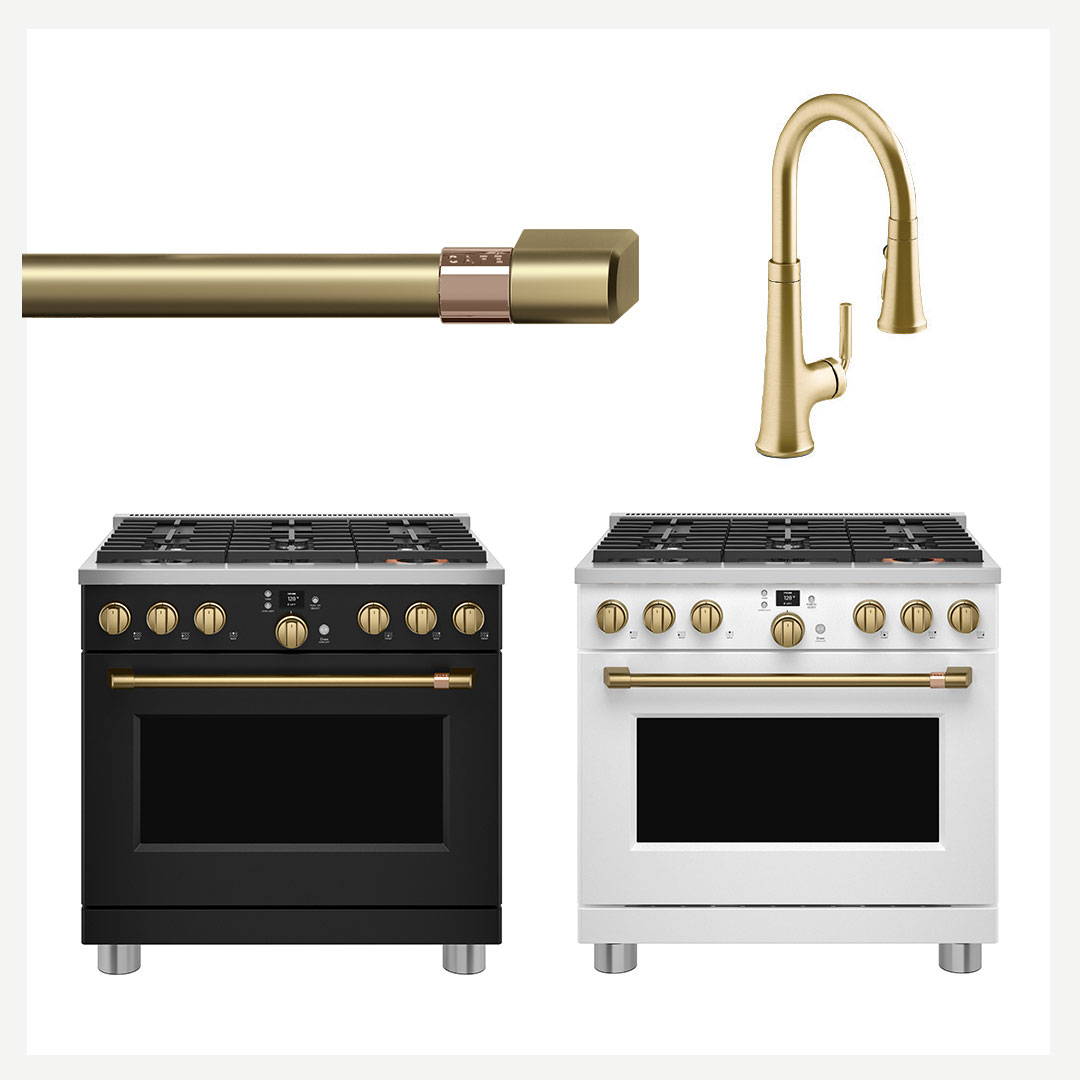 Collage of ranges and hardware in brushed brass