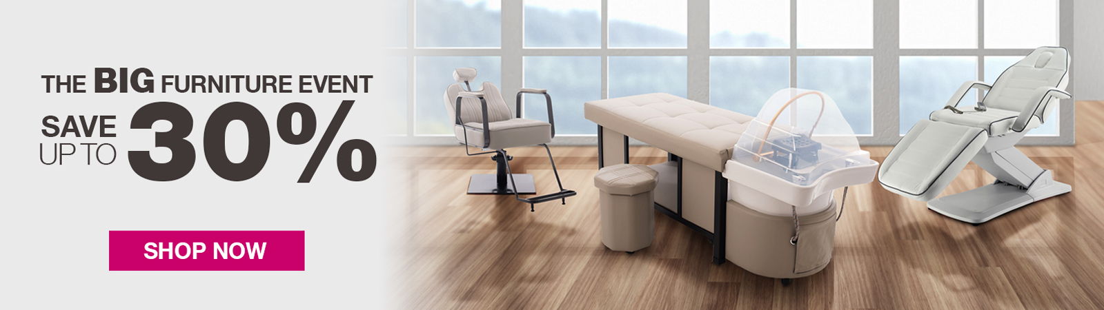 Promotional image for a sale event with furniture and a scenic view.