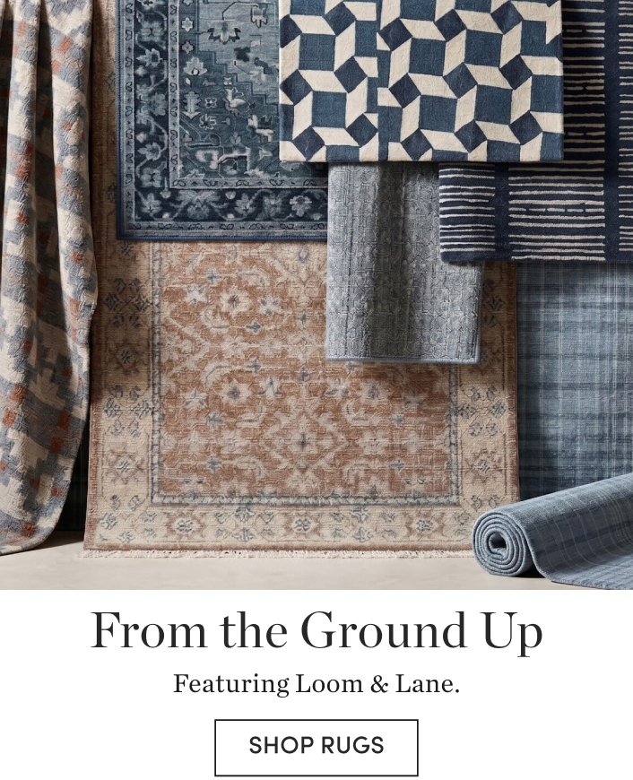 Rugs displayed with text promoting Loom & Lane collection.