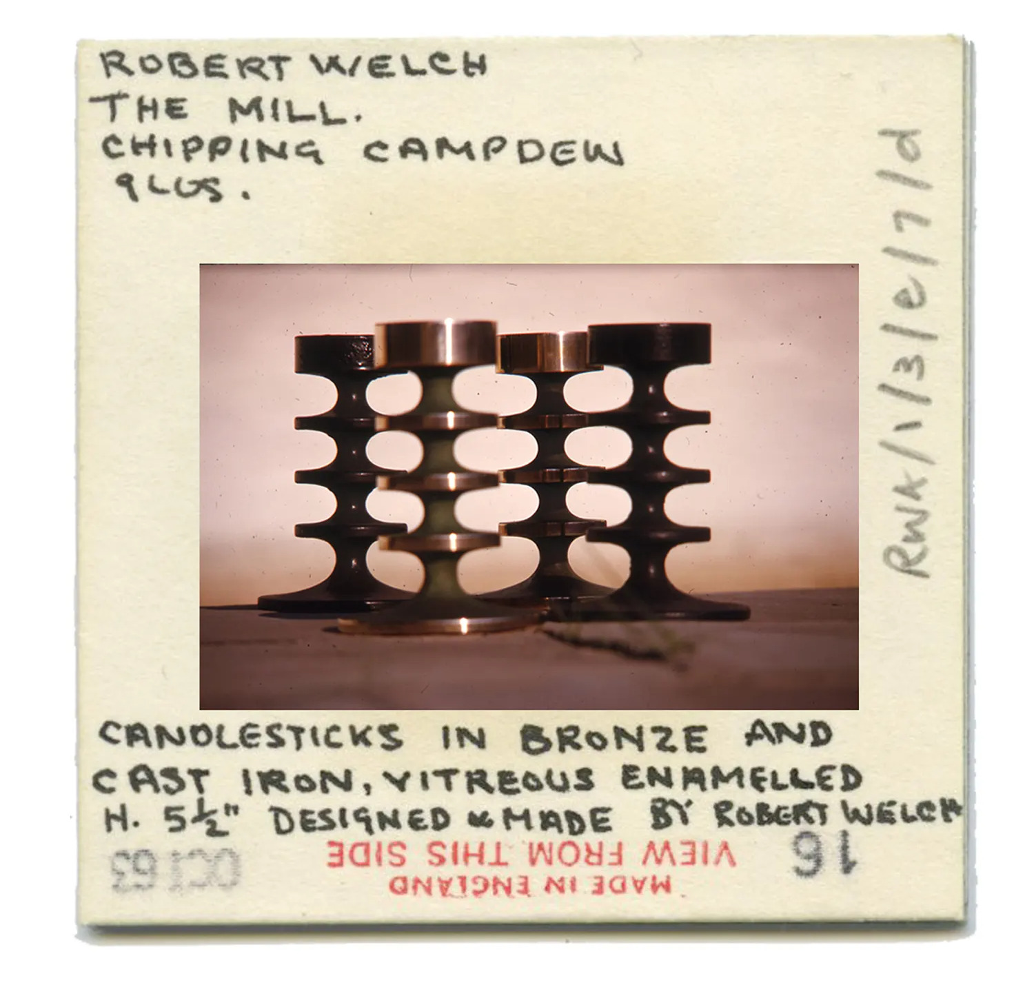 Annotated slide, October 1963. Candlesticks in bronze and cast iron, vitreous enamelled. H. 5 ½” Designed and made by Robert Welch