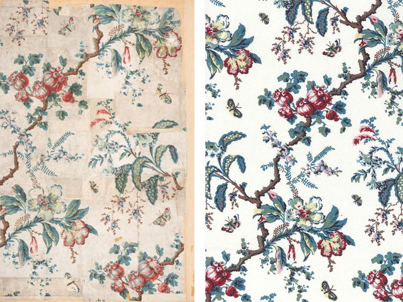 Butterfly Chintz Reproduction Fabric - reproduced from an 18th century wallpaper fragment in the Colonial Williamsburg Foundation's archives.