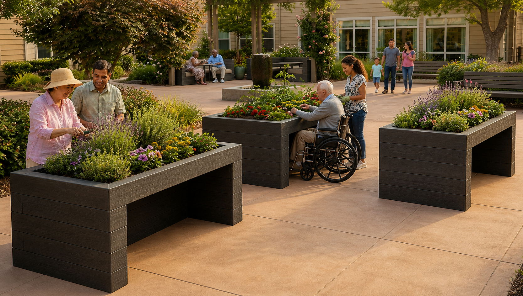 People gardening in a courtyard with ADA-compliant raised planters and seating areas.