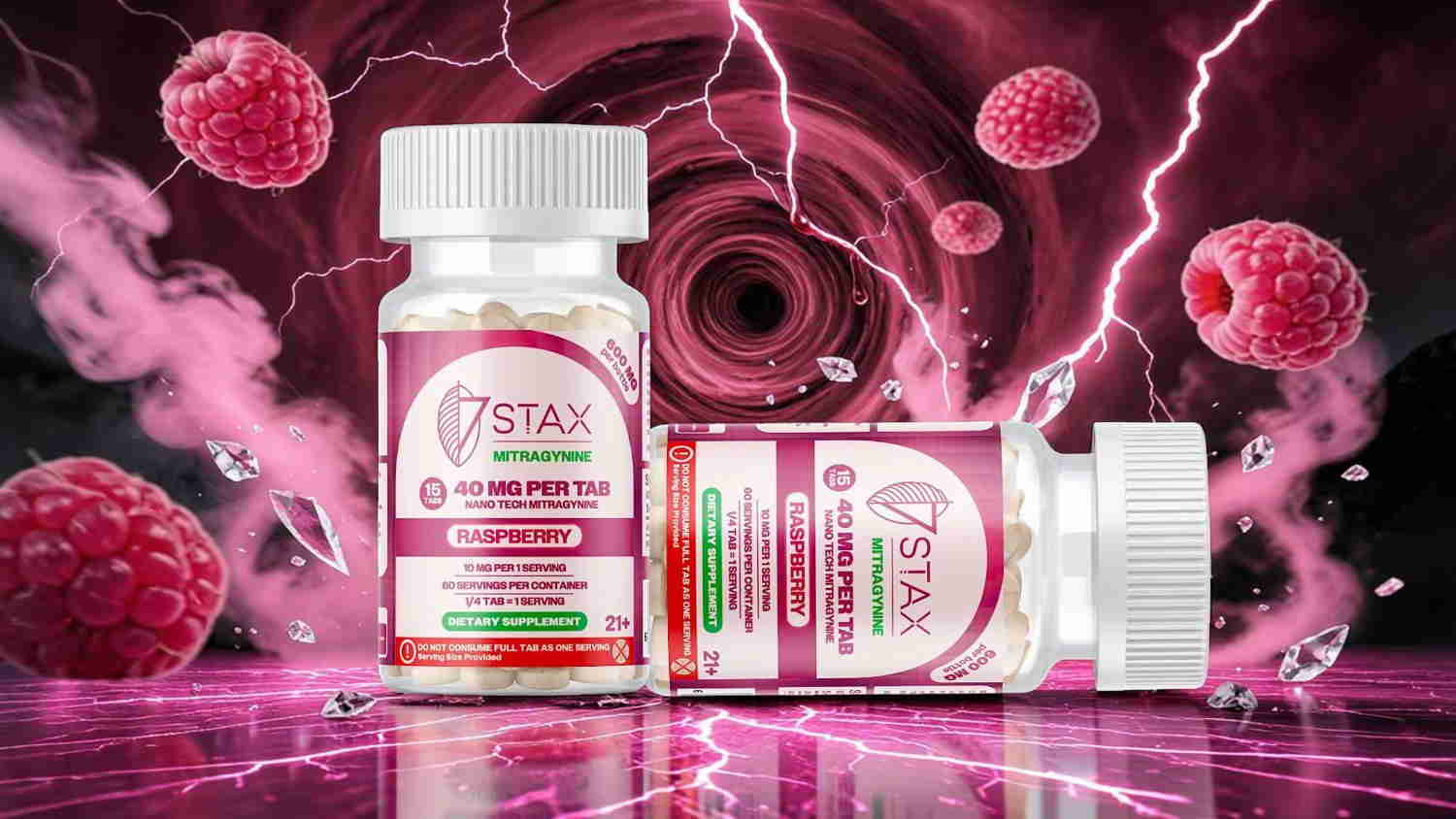 Two bottles of dietary supplements with a pink, dynamic background.