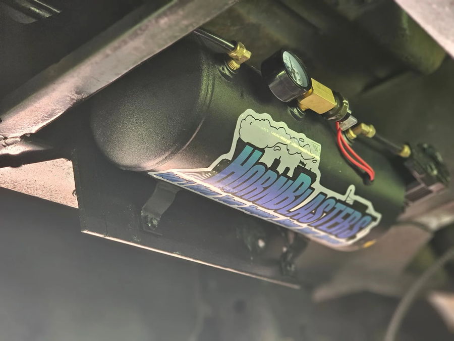 HornBlasters logo black air tank pressure gauge brass fittings undercarriage Brandon's 1981 Dodge B350 Flatlaw gallery photo 2