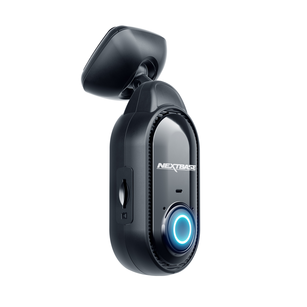 A compact black dash cam with a blue recording indicator.