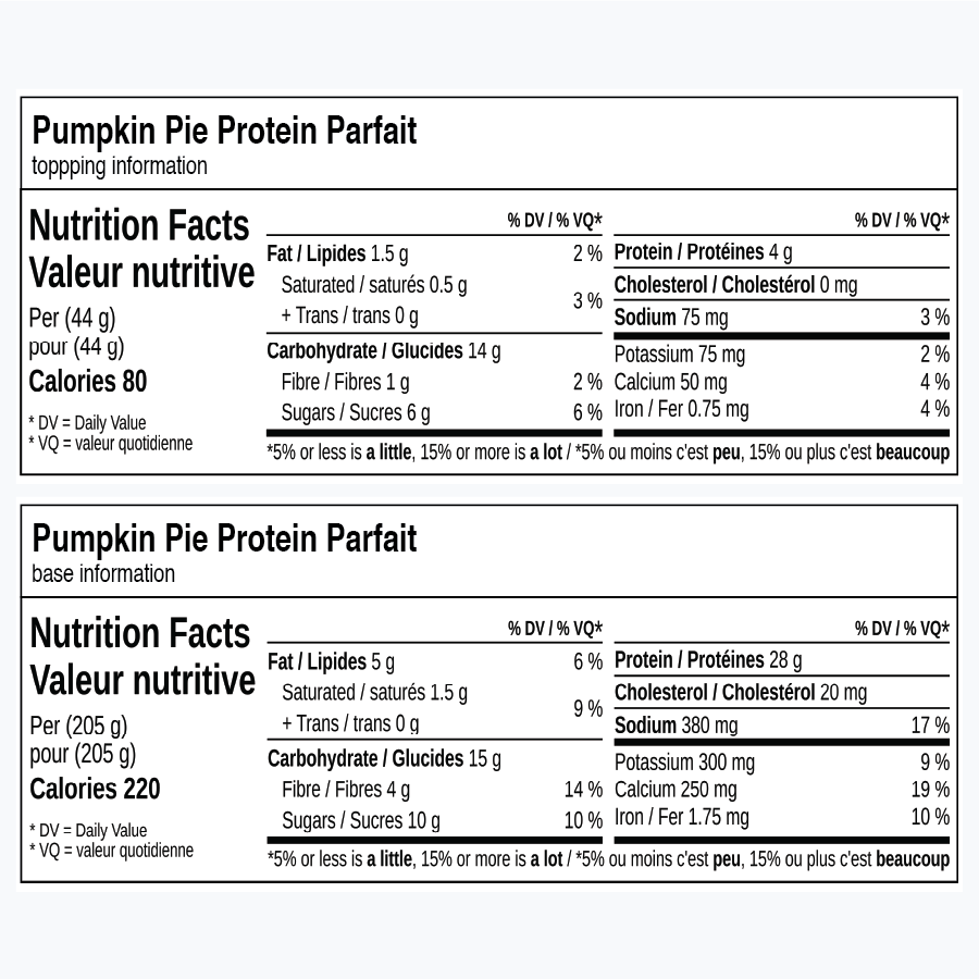 Nutrition facts for Pumpkin Pie Protein Parfait in English and French.