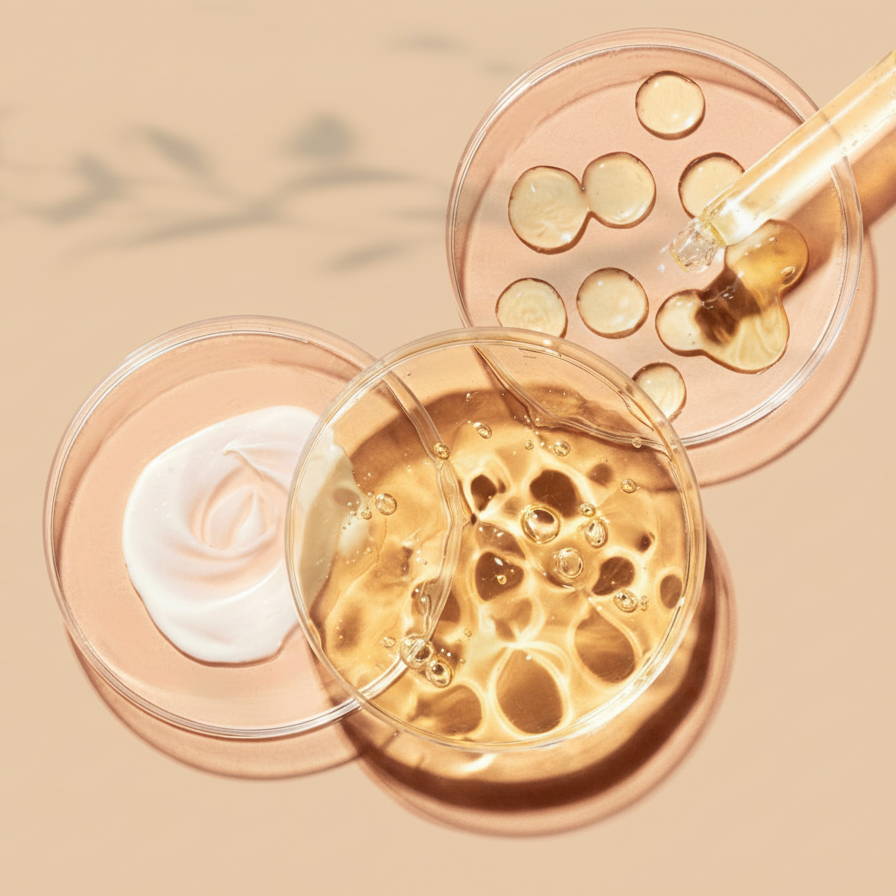 Three circular dishes with various textures and colors on a beige background.
