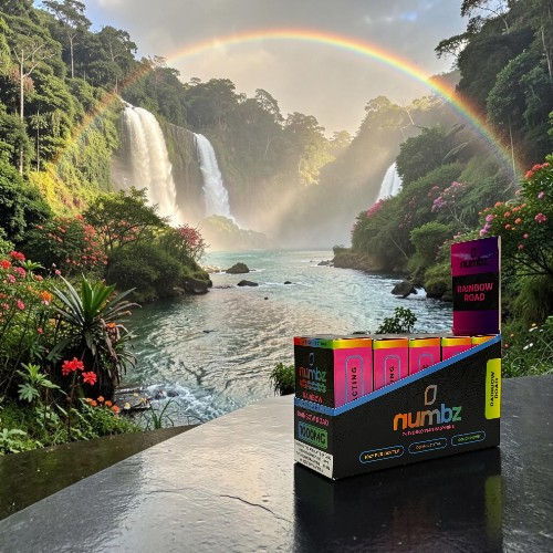 Colorful product box in front of a waterfall and rainbow.