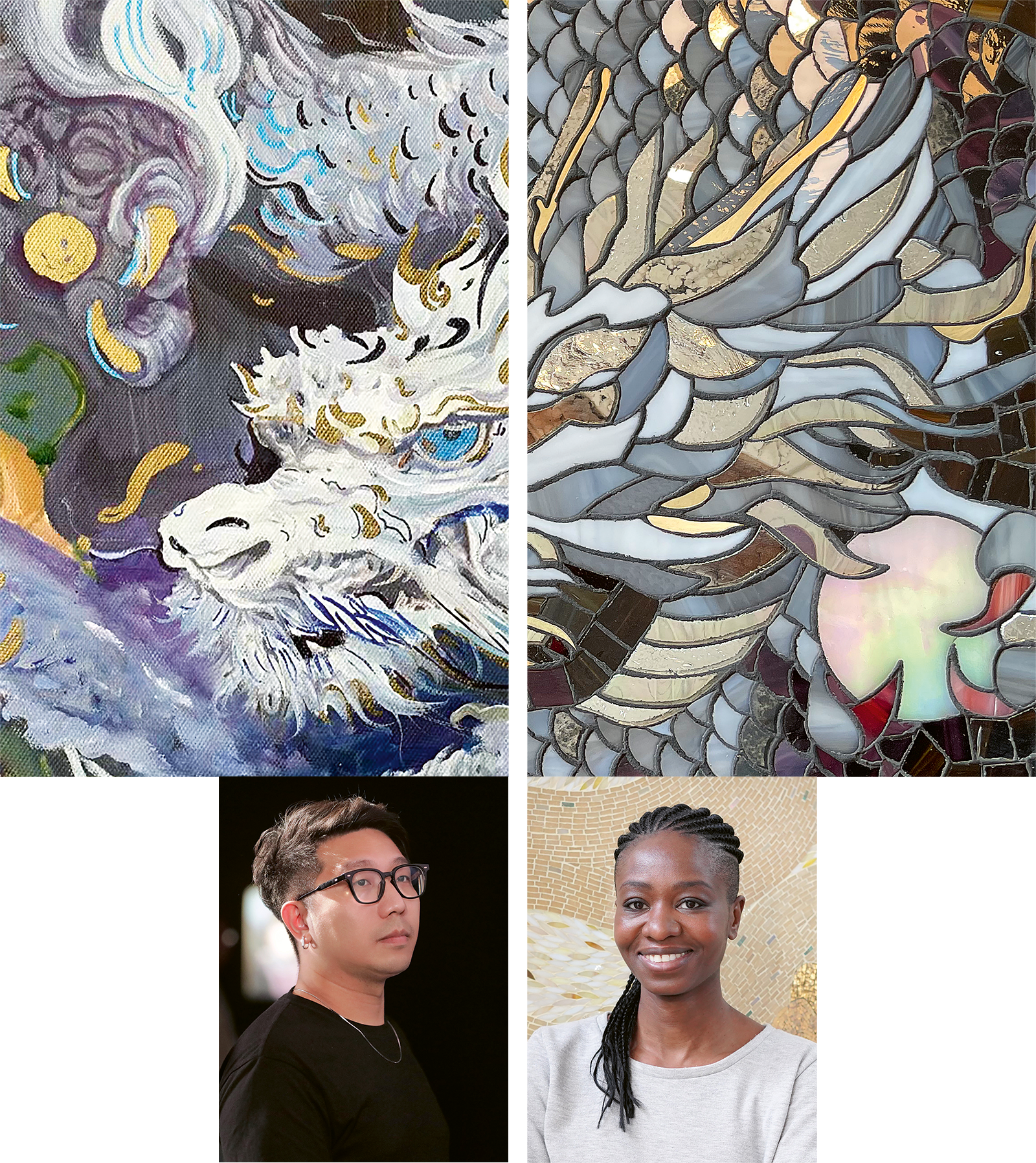 Links: Der chinesische Künstler Zhang Zhaoying und sein Ölgemälde für den Year of the Dragon Masterpiece Humidor und Rechts: Die französische Mosaizistin Sika Viagbo mit ihrem Mosaik , basierend auf Zhangs Ölgemälde