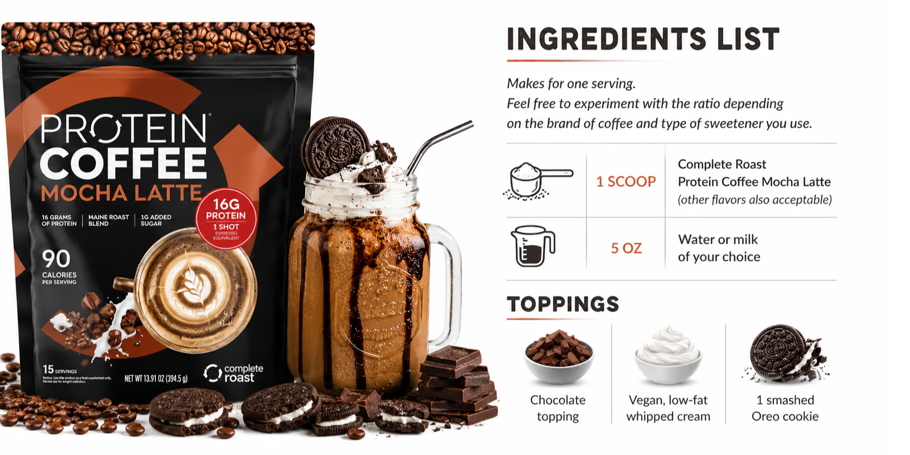 Protein coffee packaging with ingredients list and serving suggestions.