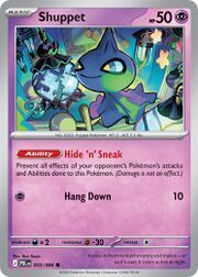 Shuppet Pokémon card with abilities and stats displayed.