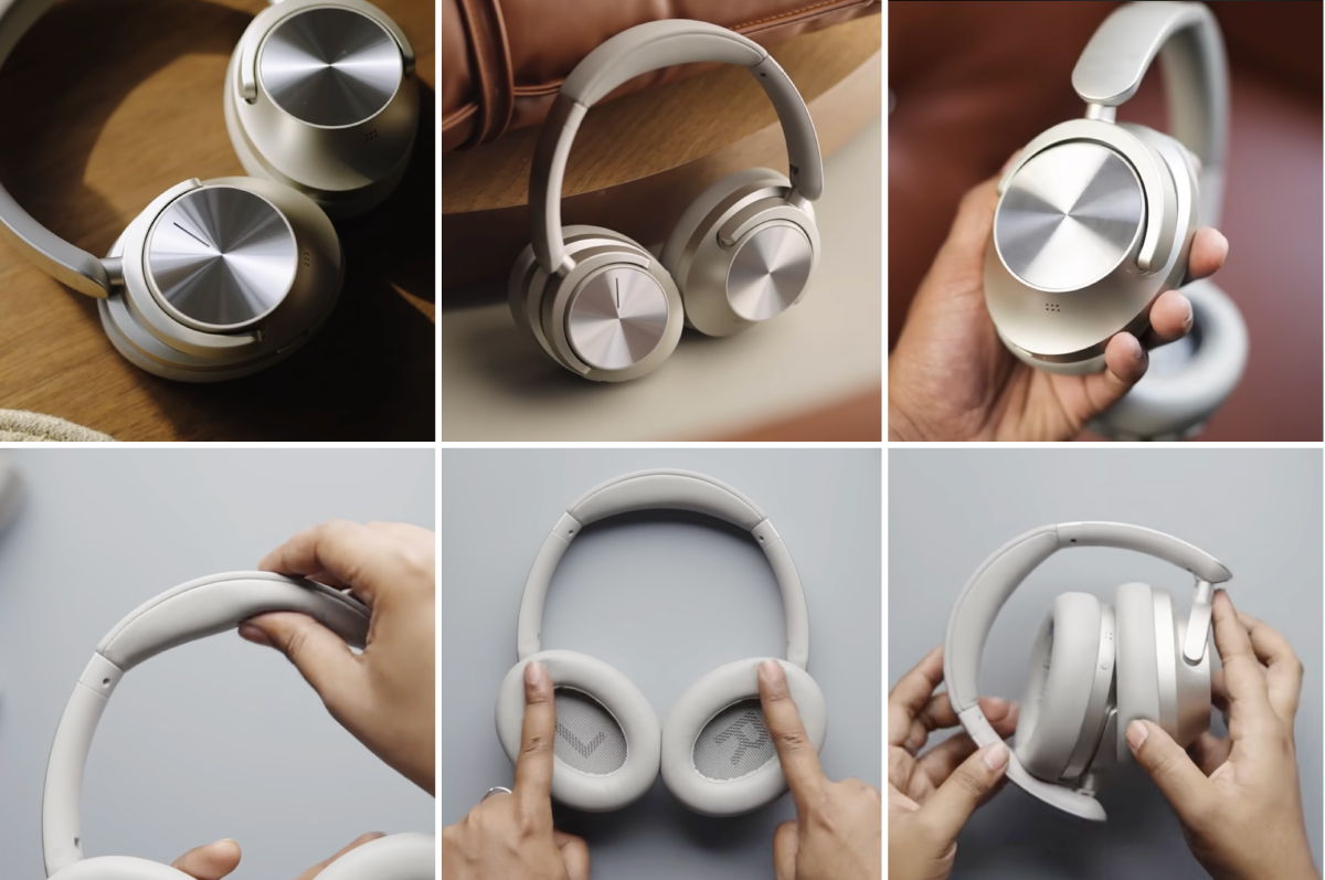 Collage of stylish headphones in various angles and hands adjusting them.