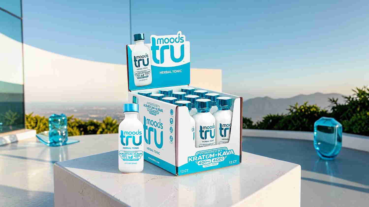 Tru beverage bottles displayed on a table with a scenic background.