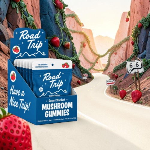 Display of mushroom gummies with a whimsical road trip theme.