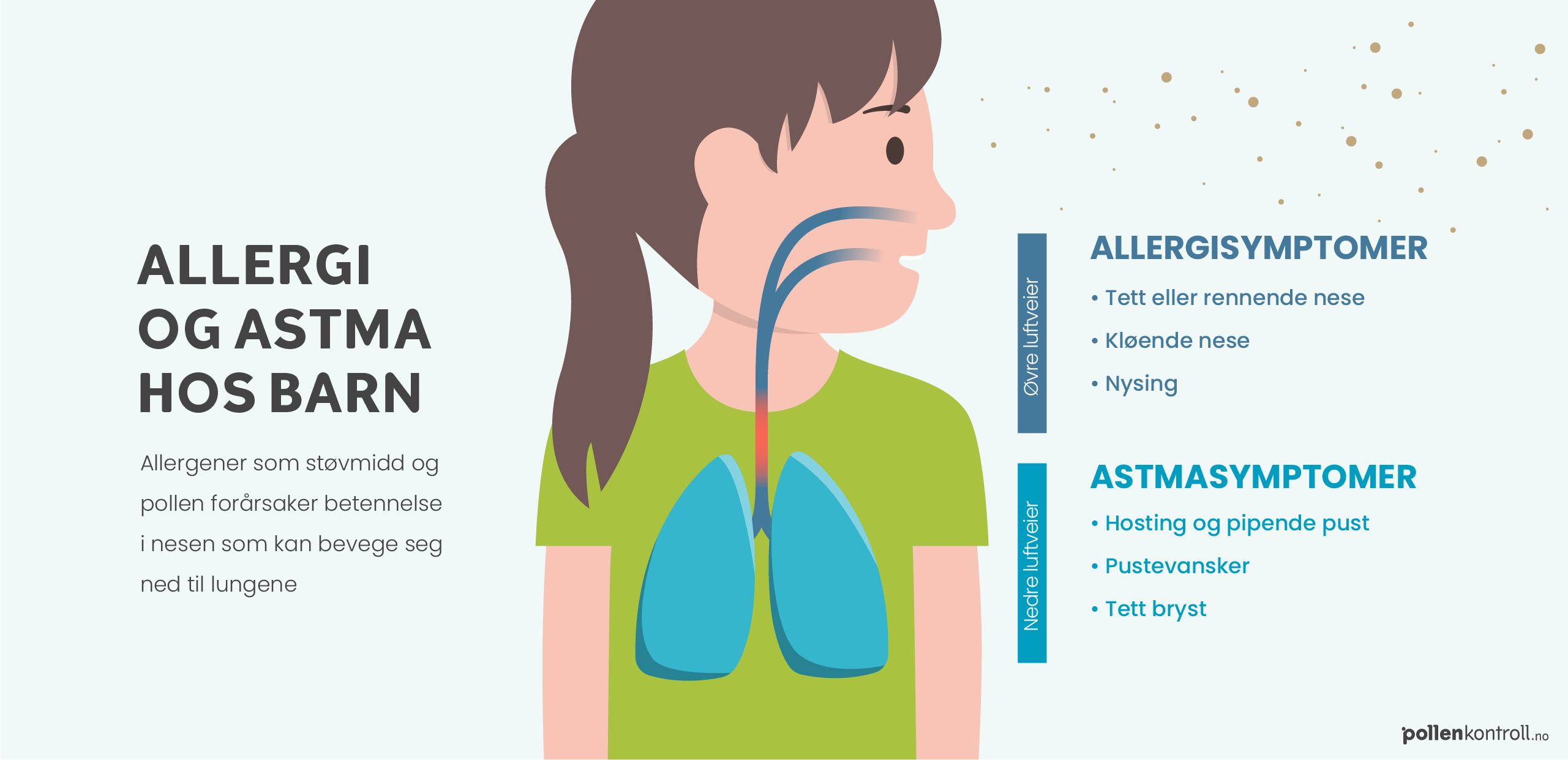Infografikk som beskriver en mulig sammenheng mellom allergi og astma hos barn. Detaljer om inforgrafikken er listet opp under. 