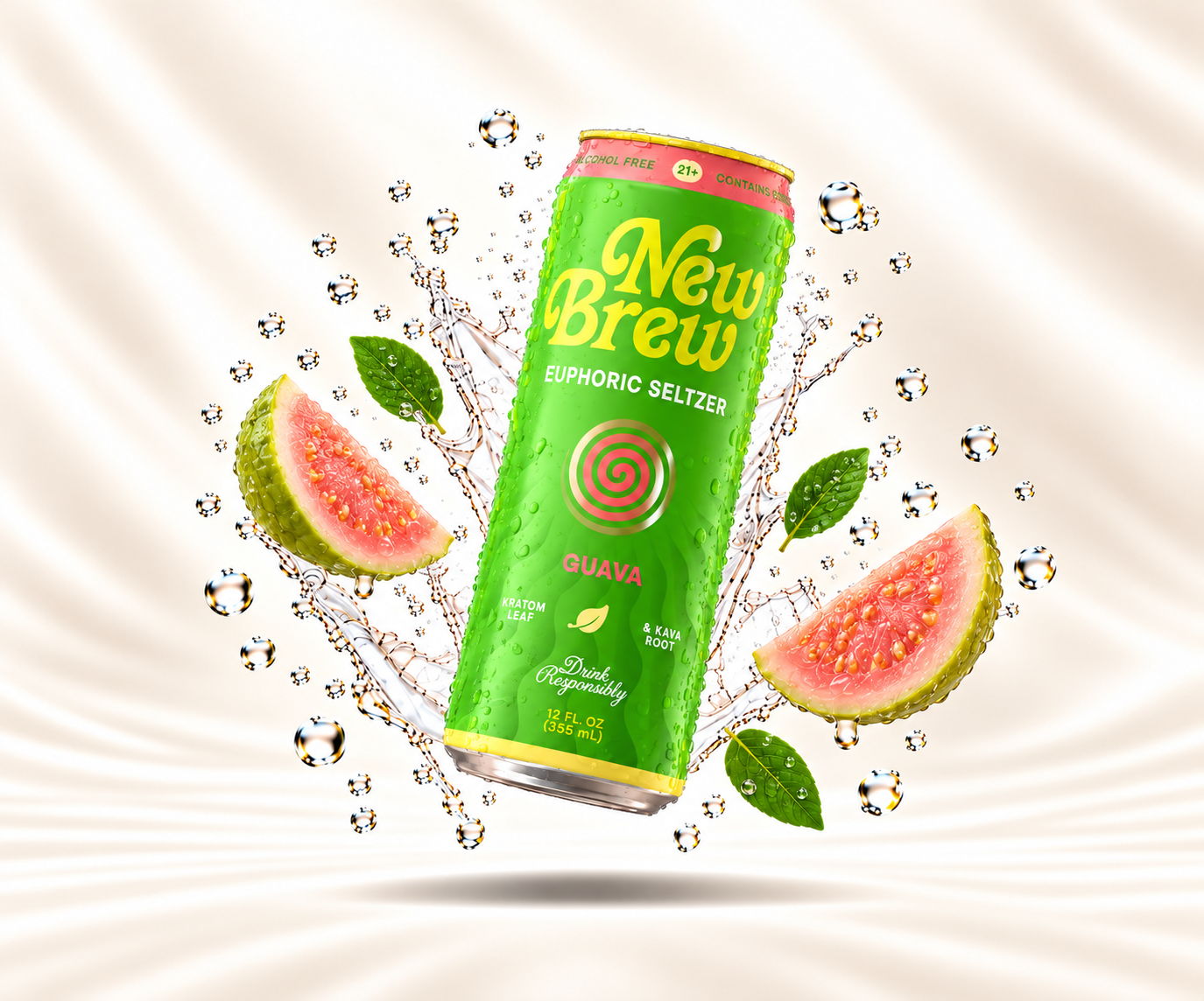 A can of New Brew beverage surrounded by watermelon slices and bubbles.