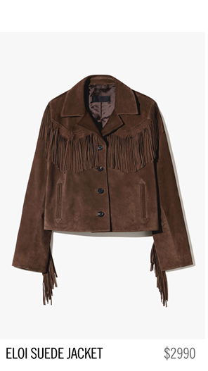 Brown suede jacket with fringe details, labeled 