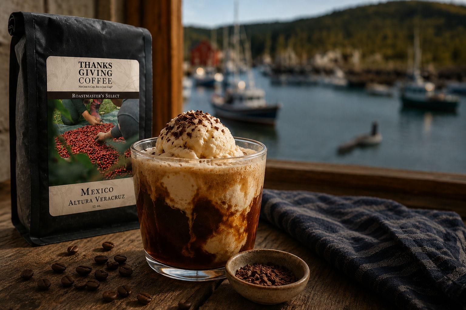 A dessert with coffee, nuts, and chocolate by a marina.