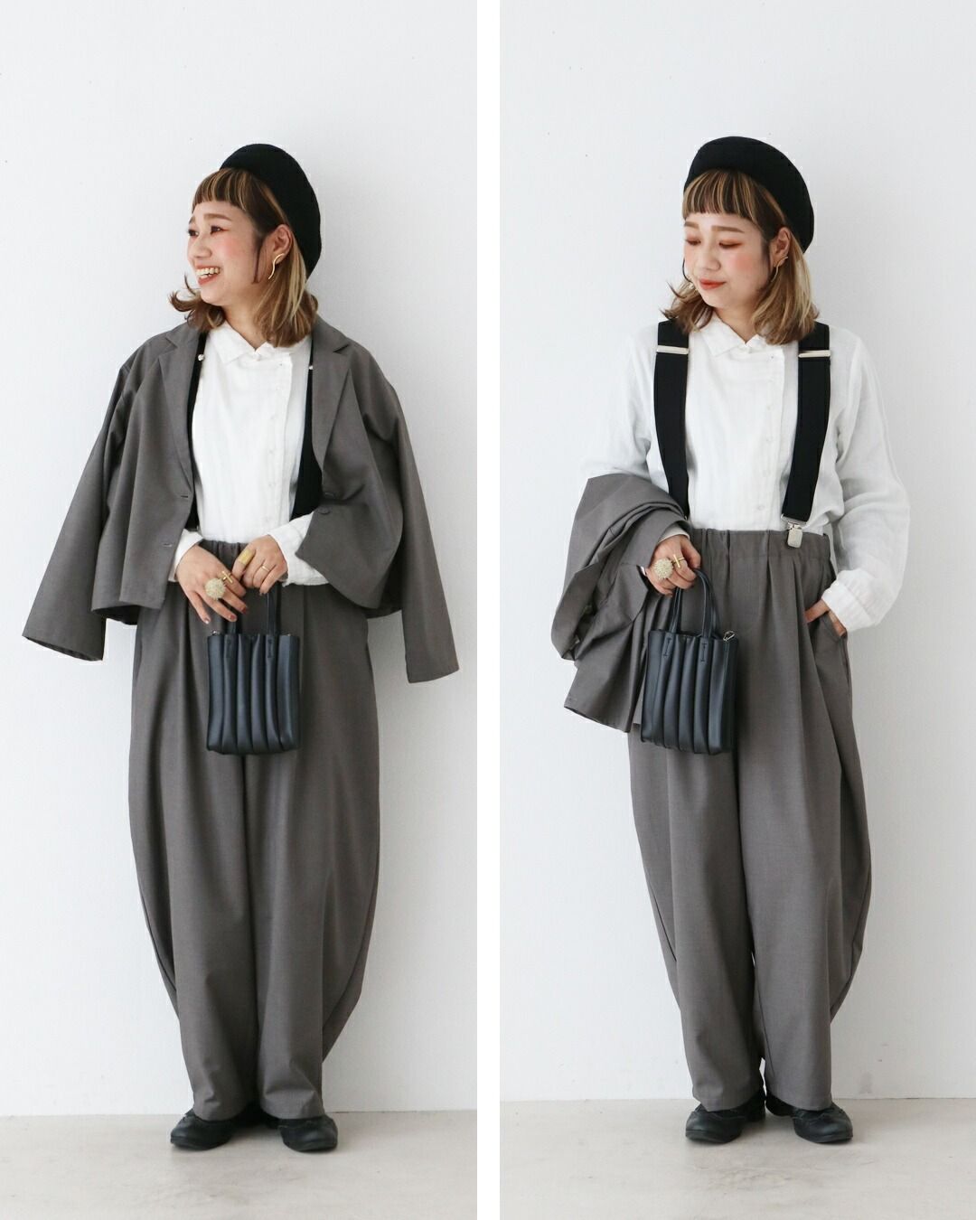 A person wearing stylish outfits, posing against a white background.